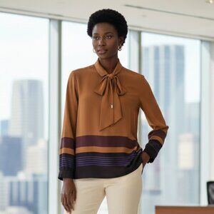 LOFT Brown Necktie Blouse Long Sleeve Office Chic Minimalist Professional Medium